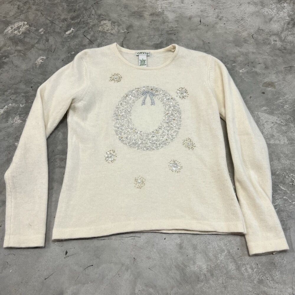 ORVIS Ivory/Creme Holiday Sweater Lambswool Angora Rabbit Hair Sequin Embroid SM